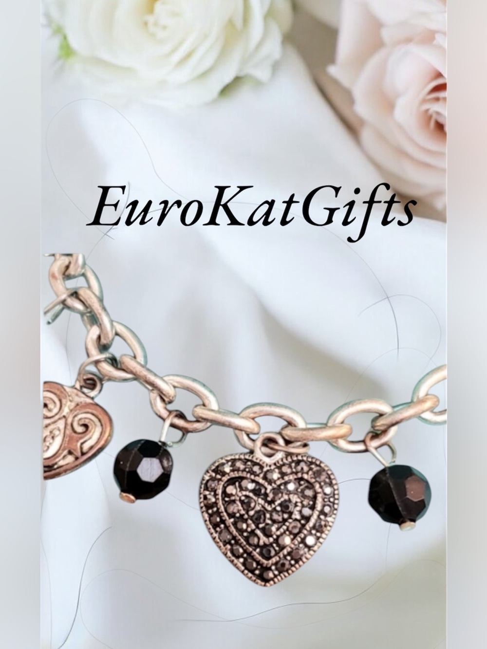 Vintage Silver Heart Charm Bracelet Marcasite Black Beads 7.75" Pre loved